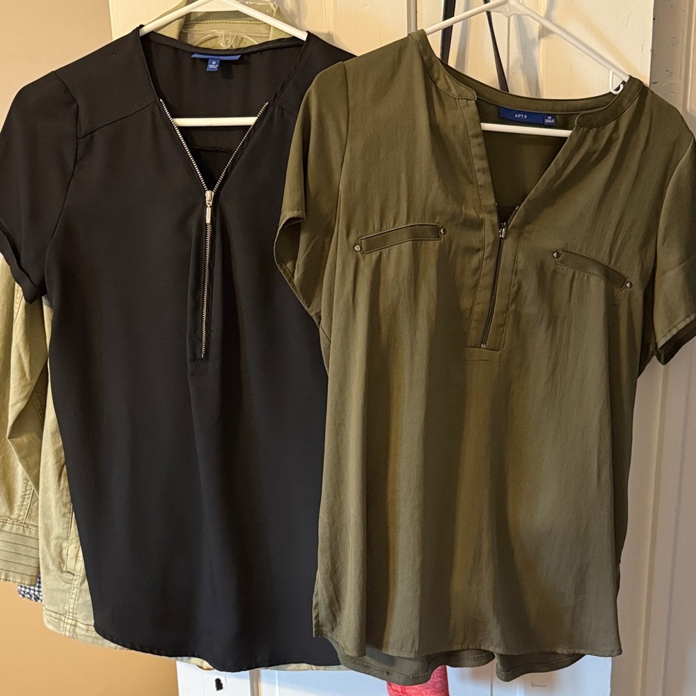 (2) Apt. 9 Blouses Black and Olive with zipper front